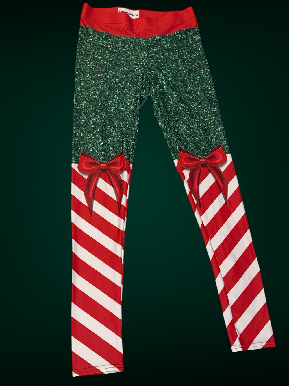 Festive Red & Green Candy-Stripe Leggings with Bow Detail